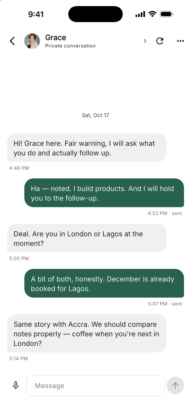 A private Noam conversation, open only when it is mutual.